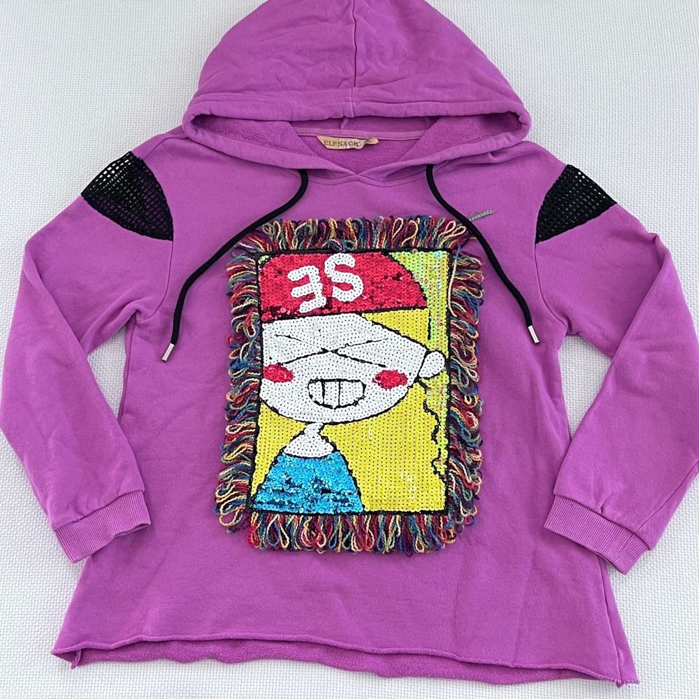 Elf Sack Purple Hoodie Fun Sequined Graphic‎ Black Mesh Sleeve Sweatshirt